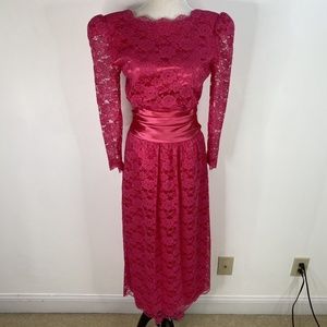 Vintage 80’s Formal Lace Dress Gown Hot Pink Size XS/S Handmade satin Prom Dance